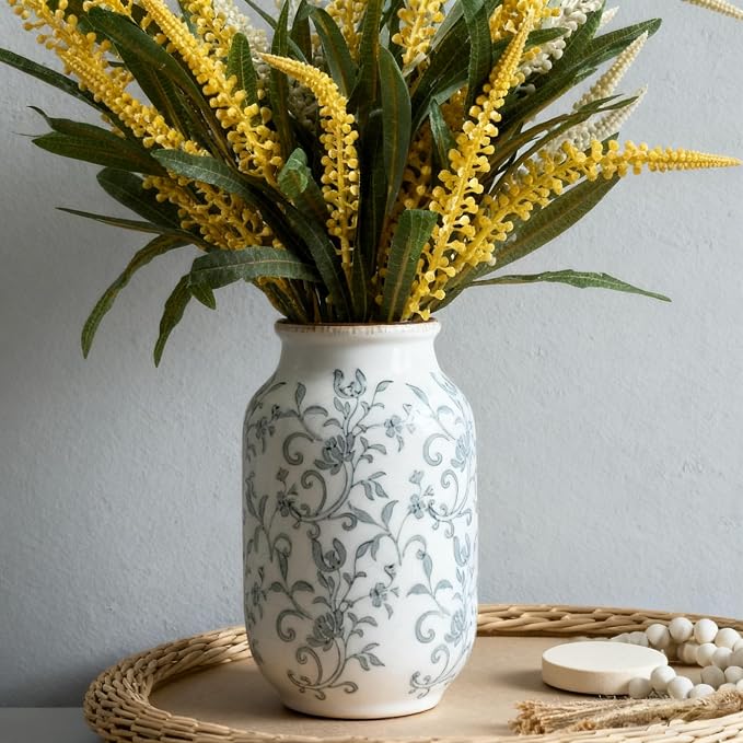 SIDUCAL Ceramic Vintage Vase, 8.78 Inch Chinoiserie Floral Vase, Retro Ice Cracked Rustic Farmhouse Vases for Home Decor, Living Room, Bookshelf, Office, Tuscan Decor, Gray Floral Pattern