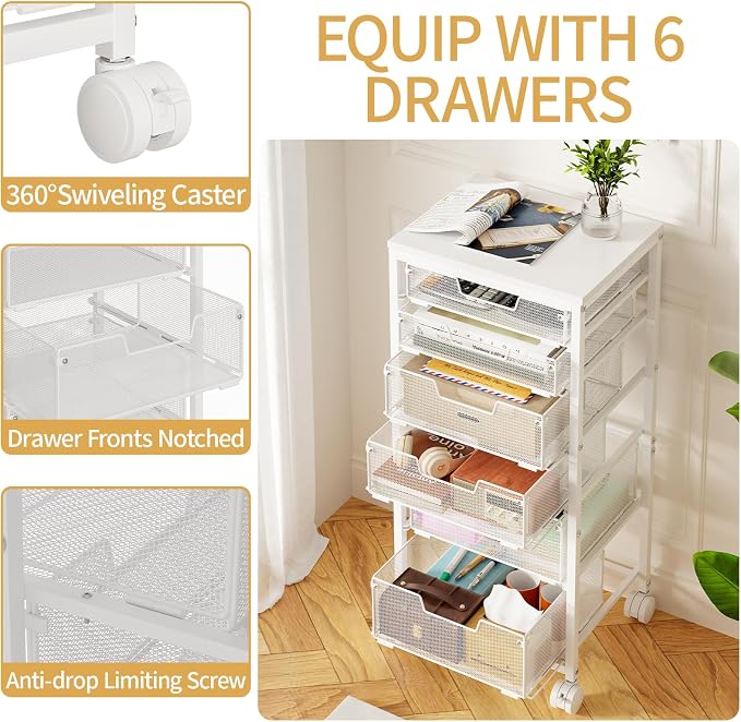 Sbanmao 6 Drawers Rolling Utility Cart, Rolling Storage Cart with Wooden Tabletop, Storage Drawer Cart on Lockable Wheels, Craft Cart for Bedroom, Classroom, Office, White
