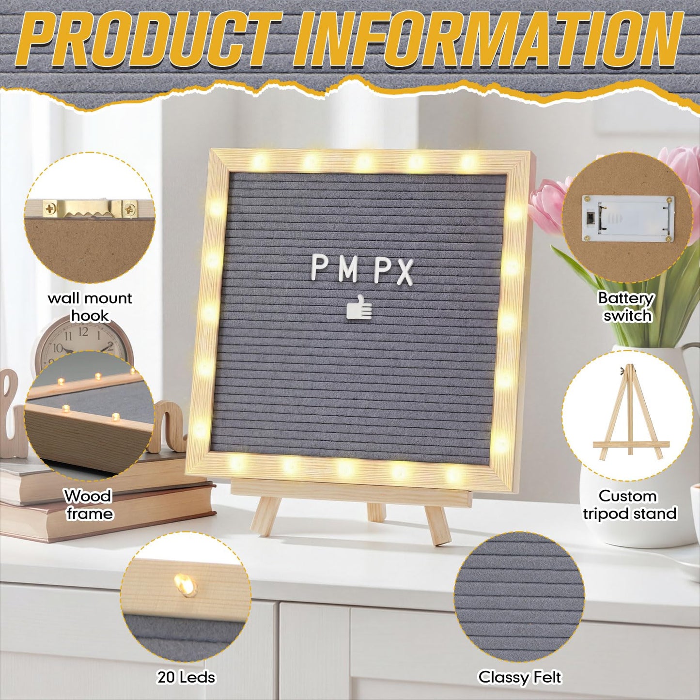 wearage 10x 10 Inch Changeable Felt Letter Board with LED Lights, Message Custom Felt Letter Board with Wooden Stand and 340 Letters for Pregnancy Announcement Classroom Decor Poster (Grey）