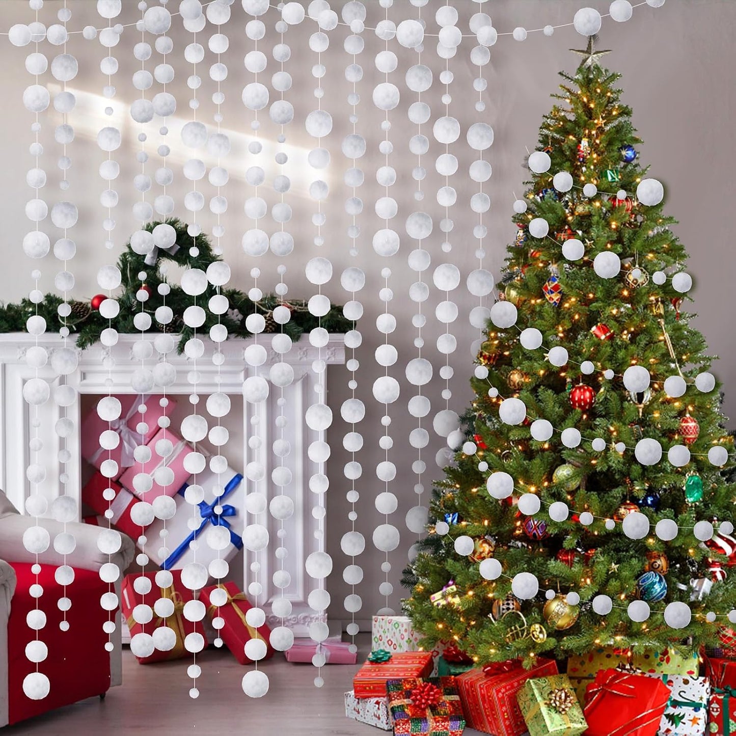 Tegeme 48 Pcs Winter Snowball Garland 6.5 Feet White Pom Pom String Garland Winter Party Wonderland Decoration Snow Ball Hanging Banner White Snowball Decor for Ceiling Tree Holiday Party Wall Home