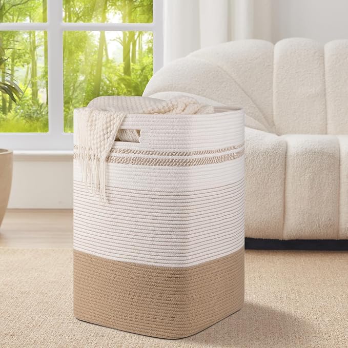 96L Extra Large Cotton Rope Laundry Basket for Bedroom & Laundry Room, Tall Clothes Hamper with Sturdy Handles, Neutral Storage Bin Capable of Holding Blankets and Toys