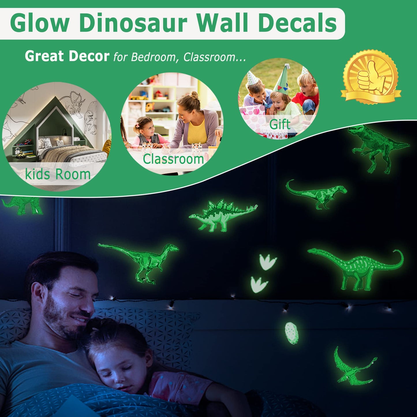 Glow in the Dark Dinosaur Wall Decals Stickers, Glowing Dinosaur Wall Stickers Self-Adhesive for Ceiling, Removable Wall Stickers for Boys Bedroom Kids Girls Baby Nursery Gift