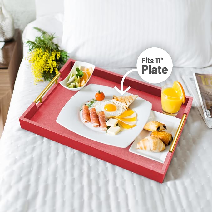 ATZYmolin 17"" x 12"" Wood Serving Tray with Gold Polished Metal Handles, Home Decorative Wooden Rectangle Ottoman Leather Decor Platter Bathroom Vanity Tray for All Occasions Red