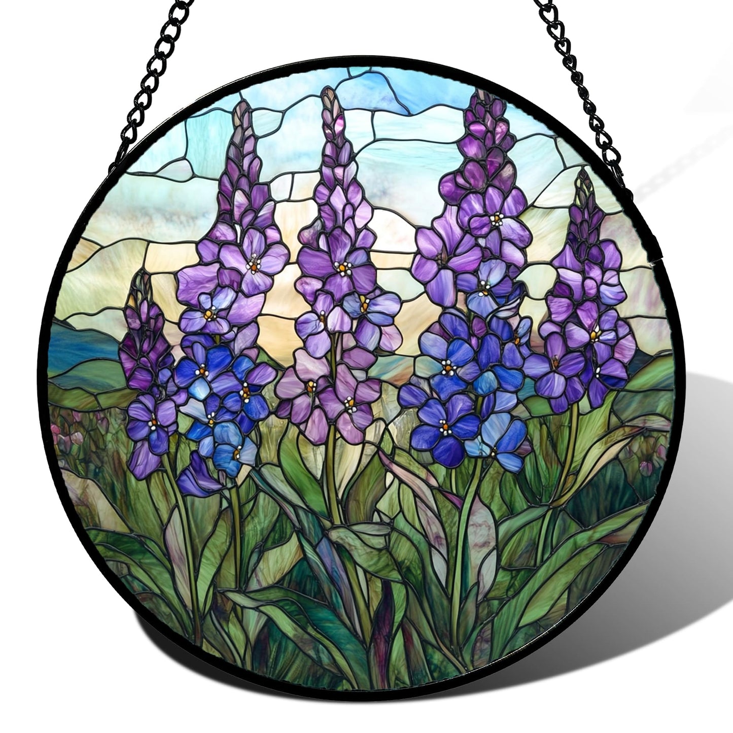 CRISGIF Stained Glass Window Hanging - Purple Delphinium Birth Flower Suncatcher for Door Garden Patio Sun Catchers Decor Christmas Mother's Day Birthday Gifts for Women Mom Nana Friend 11.8 in