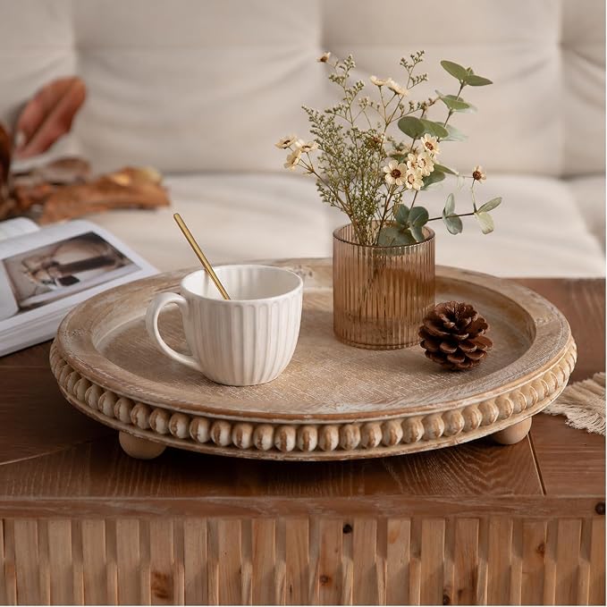 Round Decorative Tray for Coffee Table, Natural Wood Beaded Tray with Detachable Legs, 11.87" Farmhouse Rustic Serving Tray for Living Room, Ottoman, Kitchen Counter, Dining Table Decor
