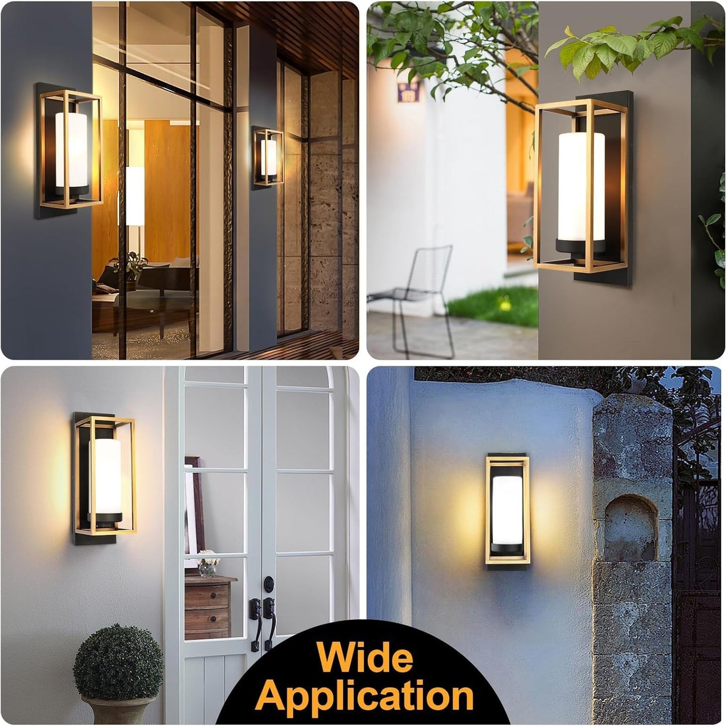 ALVIME Modern Outdoor Wall Lights 2 Pack, Brushed Gold & Matte Black Exterior Sconce, Waterproof Porch Light for House Garage Front Door Living Room Bathroom, E26 Base Etched Opal Glass