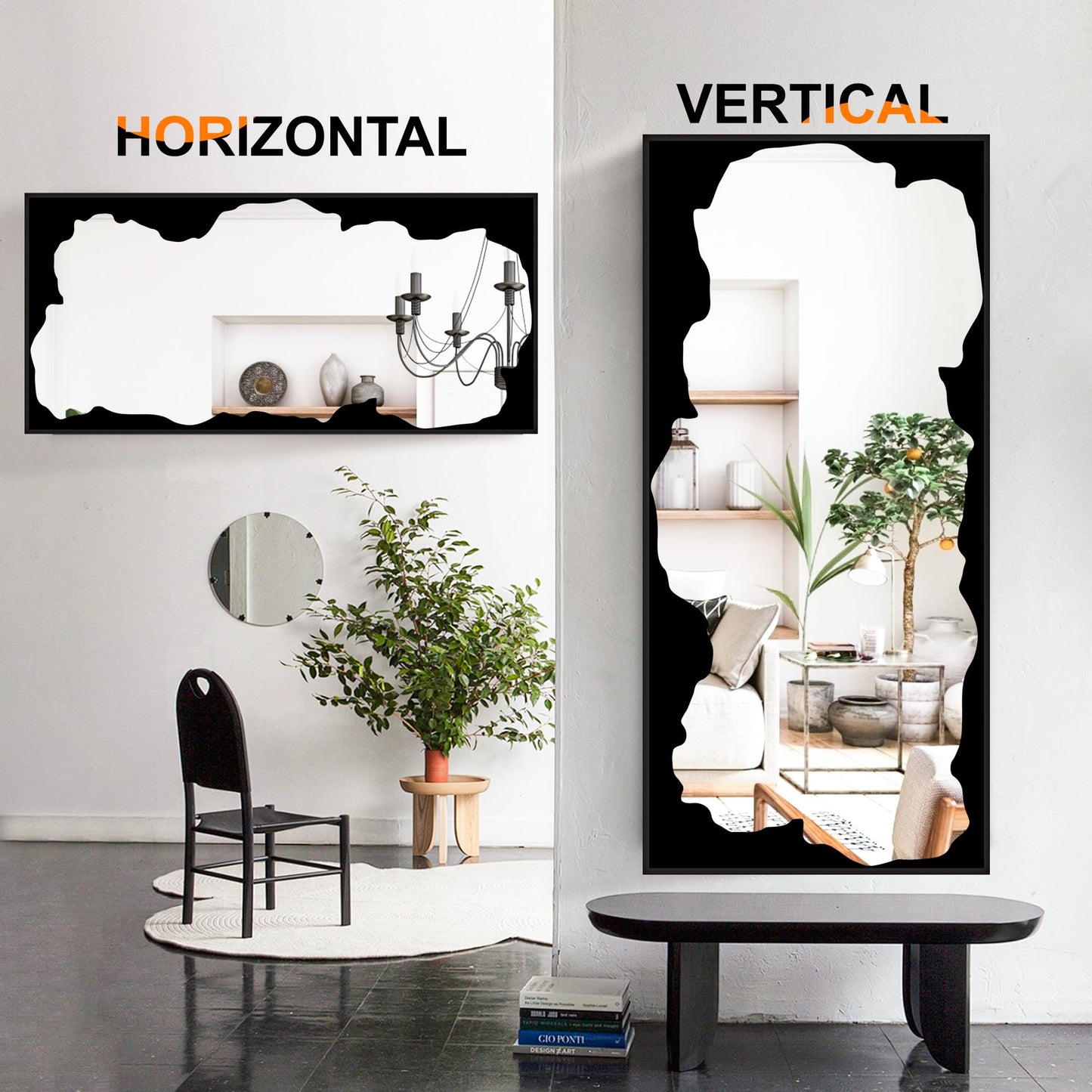 Full-Length Mirror Free Standing Leaning Mirror with Artistic Black Abstract Overlay Deco, 64"x32" Shatterproof Wall-Mounted Mirror, Perfect for Living Room, Bedroom, Cloakroom, and Bathroom Decor