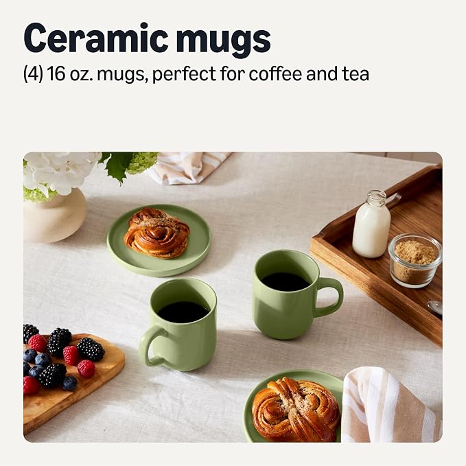 Amazon Basics Glazed Stoneware Coffee and Tea Mugs, Ceramic 4-Piece Set, 16 oz, Microwave, Freezer and Dishwasher-Safe, Stain-Resistant, Olive