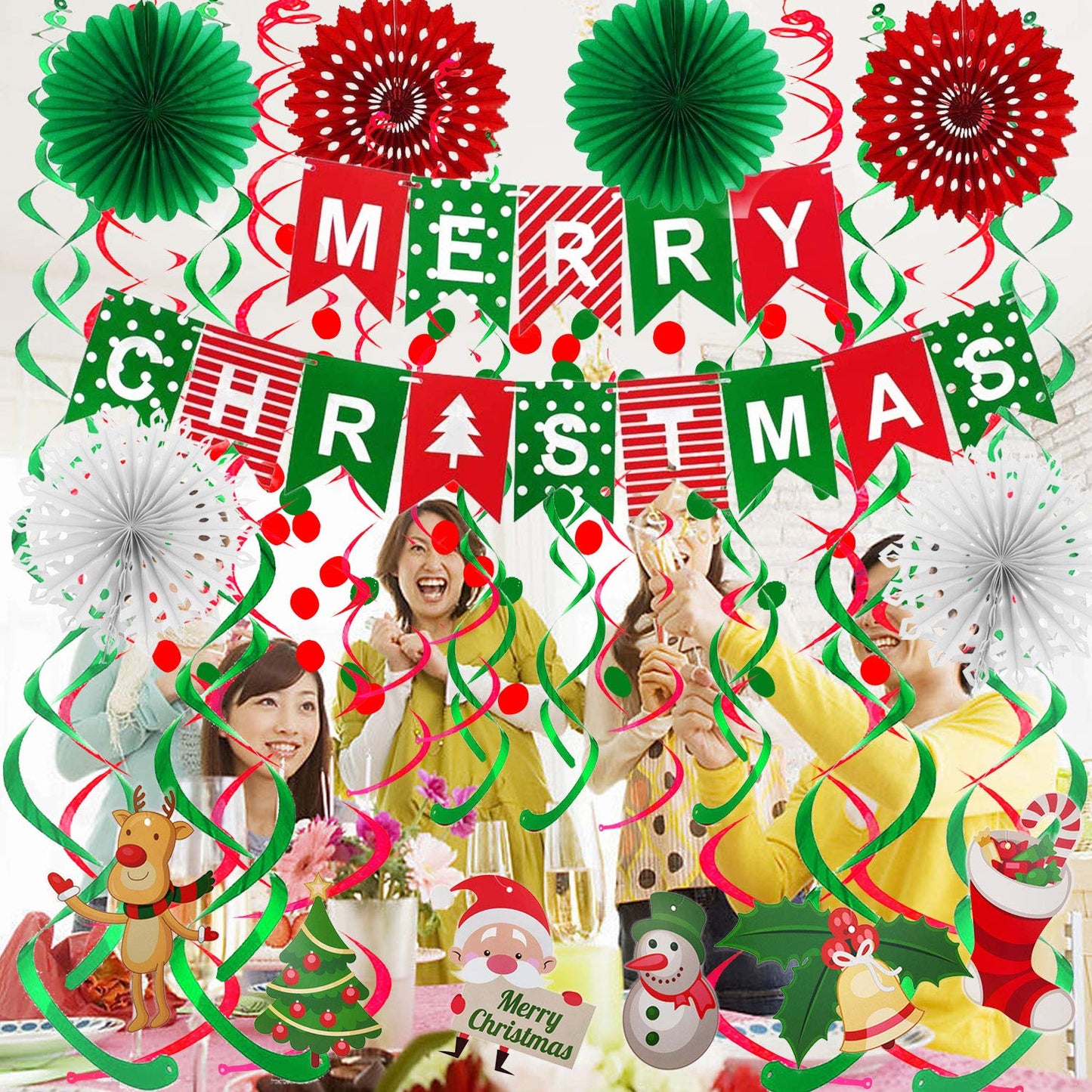 FECEDY Merry Christmas Banner Paper Fan Flower Circle Confetti Dots Hanging Garlandand Swirl Streamers Christmas Tree Christmas Snowman God Tang for Christmas Party Decoration