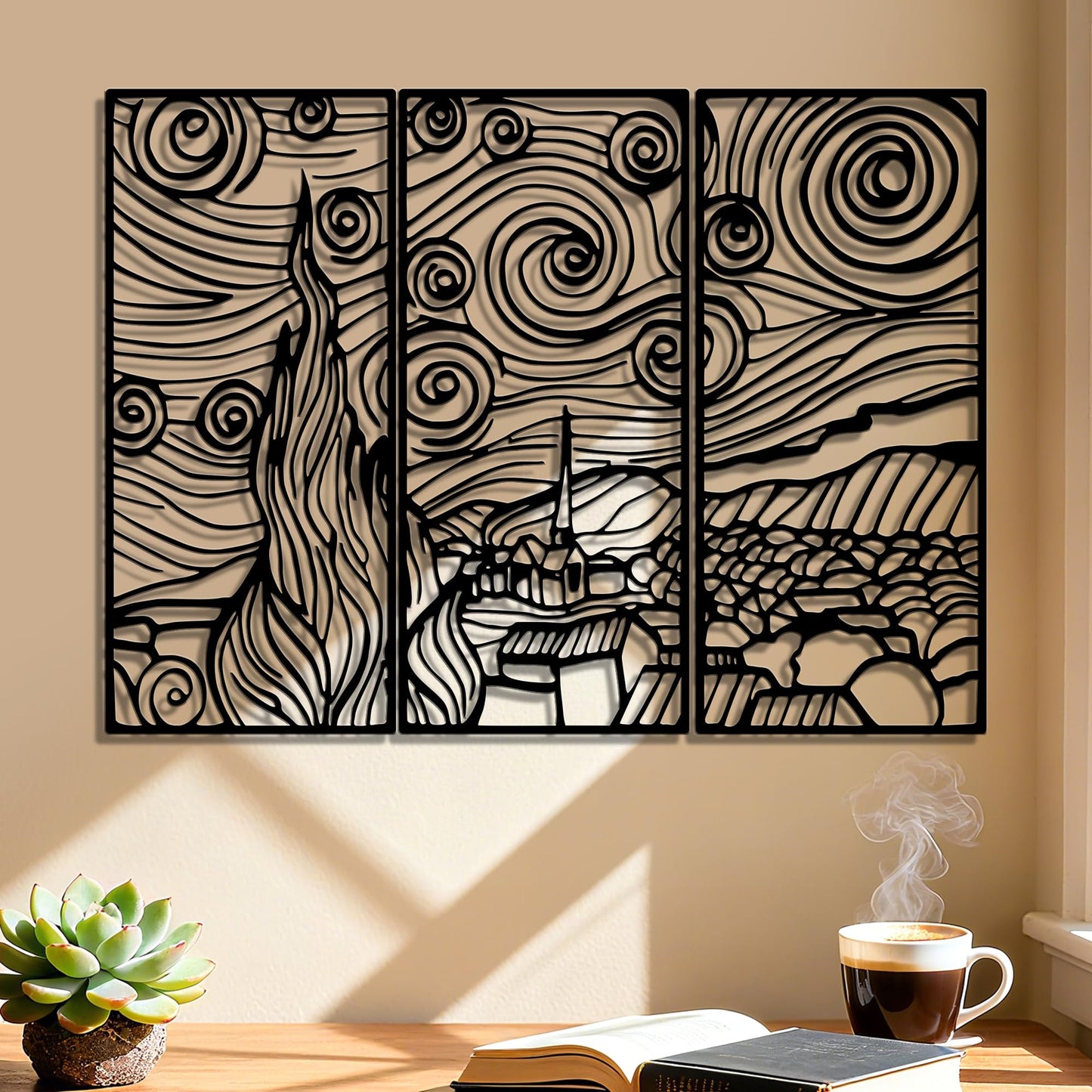 Slickss Starry Night Wall Art Metal,Black Van Gogh Wall Decor-Modern Laser Cut Steel Panel for Living Room, Office, Bedroom-Unique Industrial Home Artwork