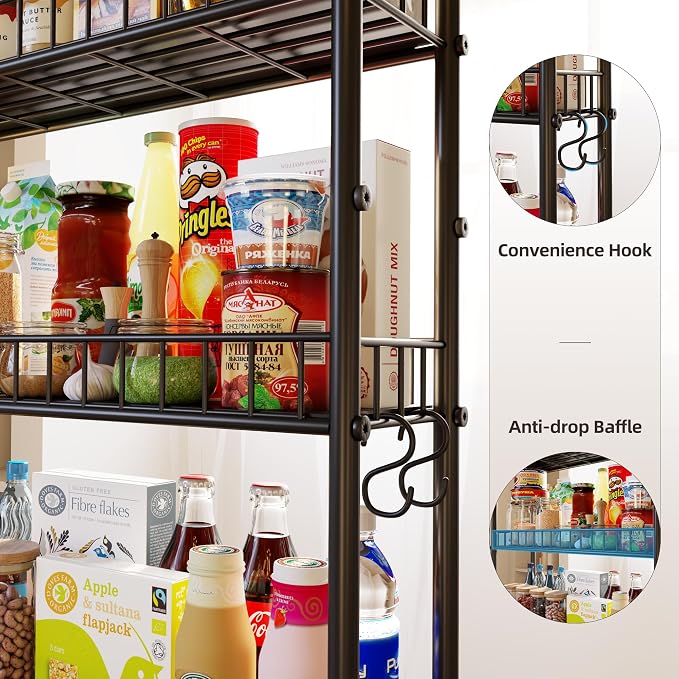 6-Tier Slim Storage Cart, Rolling Kitchen Cart with Wheels | Narrow Metal Shelf Organizer with Hooks for Kitchen, Bathroom, Living Room, Laundry, Small Spaces, Black, 6 in