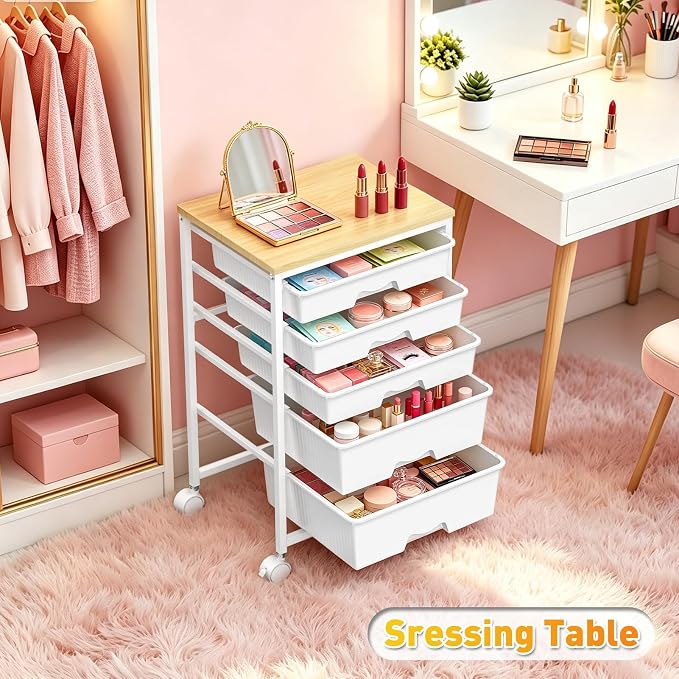 SUNALLY Rolling Carts With 5 Drawers, Storage Drawer Carts with Wooden Tabletop and 2 Lockable Wheels, Rolling Utility Cart for Craft Art Supply Storage & Home Office Organization, White