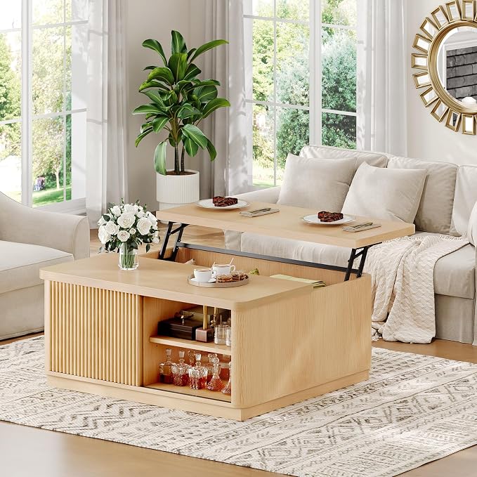 Itaar 39.4'' Lift Top Coffee Table with Storage, Fluted Coffee Tables for Living Room, Square Coffee Table with Large Hidden Compartment & 2 Drawrs & Adjustables Shelves, Oak