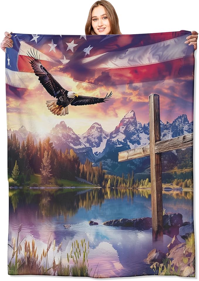 Spirit of Freedom Majestic Eagle Blanket,American Flag Cross Patriotic Throw Blankets,Gifts for Adults,Lightweight Soft Fleece,for Sofa Couch Bed Room Travel,Birthday Christian Decor,50x60in