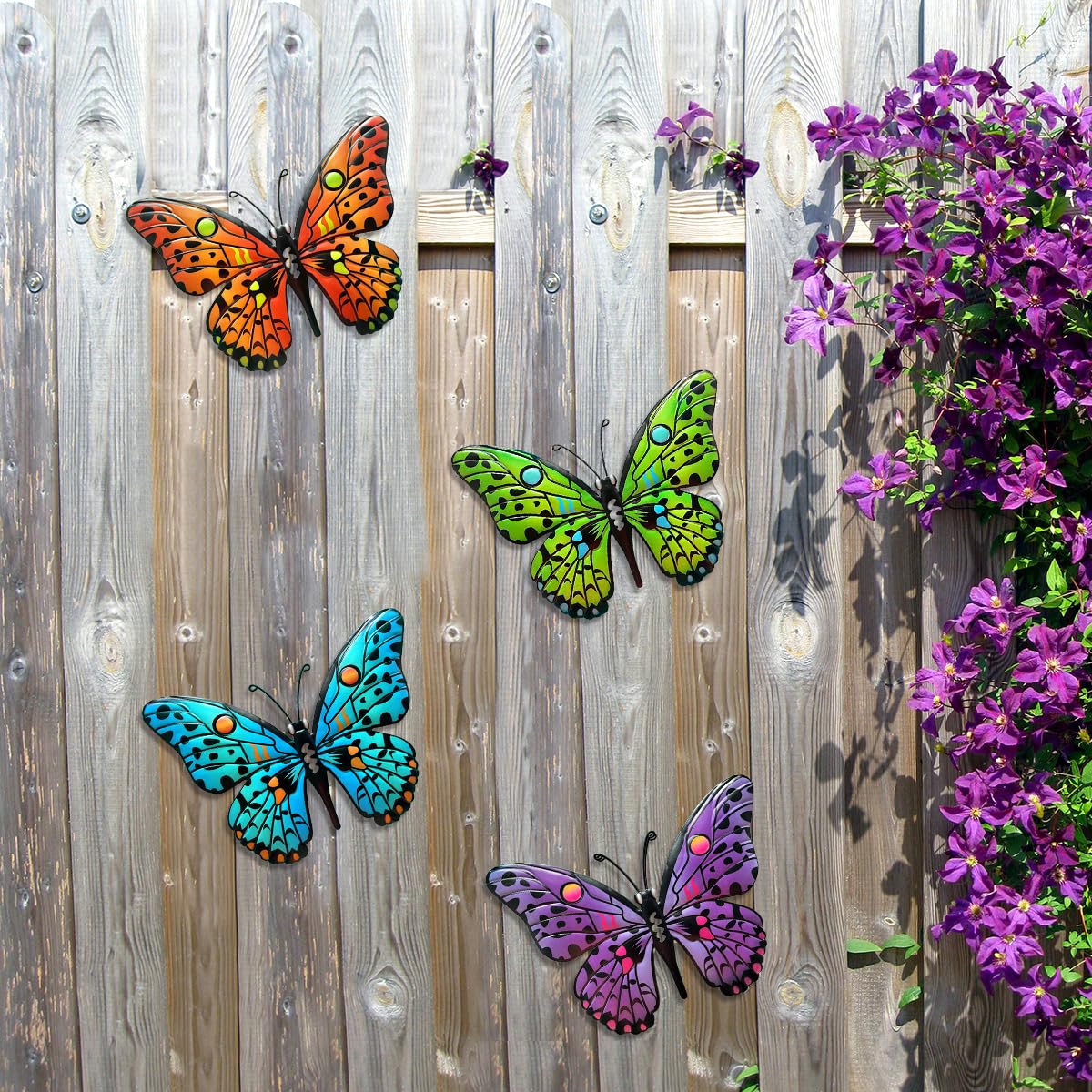 Daogtc Metal Butterfly Wall Decor - 9.6" Outdoor Fence Wall Art Decor, Hanging Decoration for Garden Yard Living Room Bedroom Patio Balcony(4 Pack)