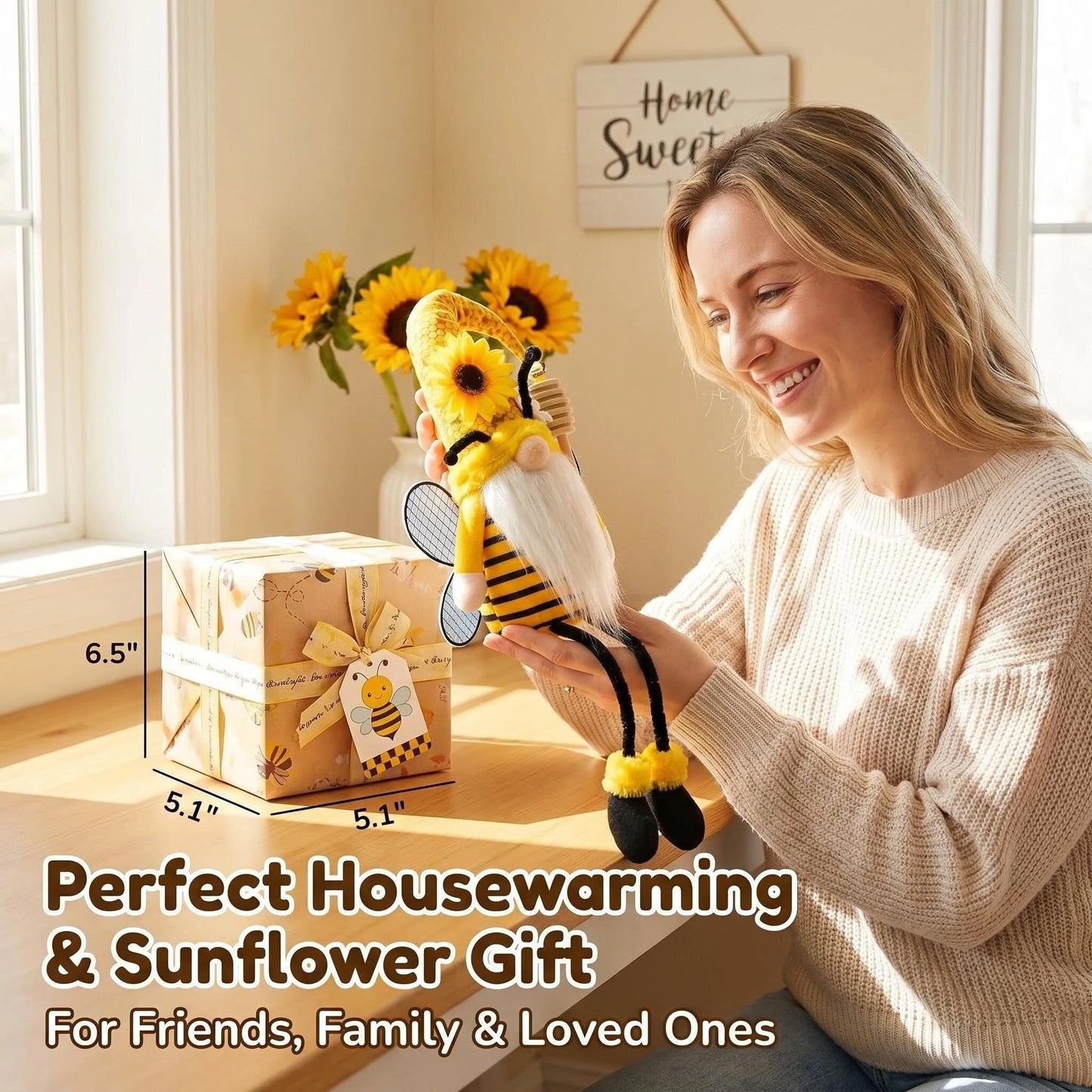 Spring Decorations for Home, Office, Indoor - Yellow Honey Bumble Bee Sunflower Plush Gnomes Doll - Summer Gnome Gifts Ideas for Women - Bee Stuffed Sitters - Unique Housewarming Gifts for New Home