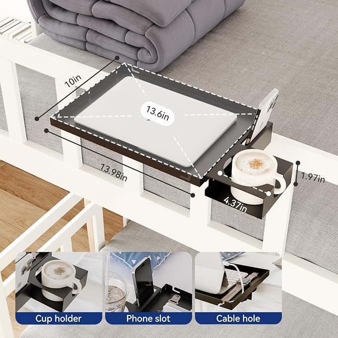 Metal Bedside Shelf Table Tray with Cup Holder, Foldable Bed Side Table for Bunk Bed & Top Bunk, College Dorm Room Essentials for Guys & Girls, Clip-on Laptop Nightstand for IKEA Beds, Black