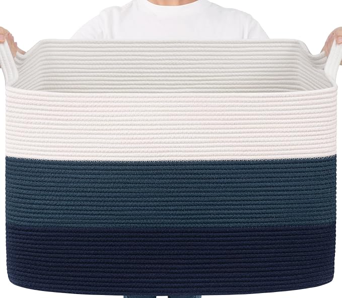 Goodpick 105L Extra Large Woven Basket 25" x 16" x 16" Cotton Rope Storage Baskets for Organizing, Rectangle Blanket Basket Living Room, Toy Storage Baskets for Kids, Blue