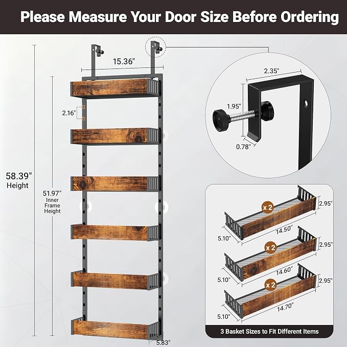 6-Tier Over the Door Pantry Organizer, 2-in-1 Door Hanging or Wall Mounted Spice Rack, Space Saving Metal Storage Shelves with Adjustable Baskets for Kitchen, Closet, Bathroom