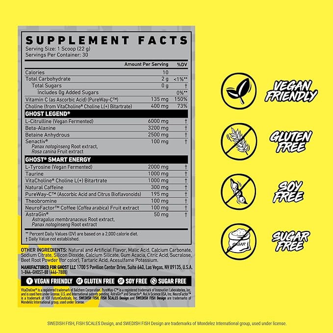 GHOST Legend Pre-Workout Powder, Swedish Fish - 30 Servings ??Pre-Workout for Men & Women with Caffeine, Choline, L-Citrulline, & Beta Alanine for More Pumps, Energy & Focus - Vegan Friendly