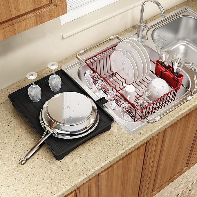 MAJALiS Red Dish Drying Rack Over Sink with Utensil Holder, Drainboard | Expandable Stainless Steel Dish Drainer for Small Kitchen, Apartment, RV, Counter Space Saving, Perfect Fit, Rustproof