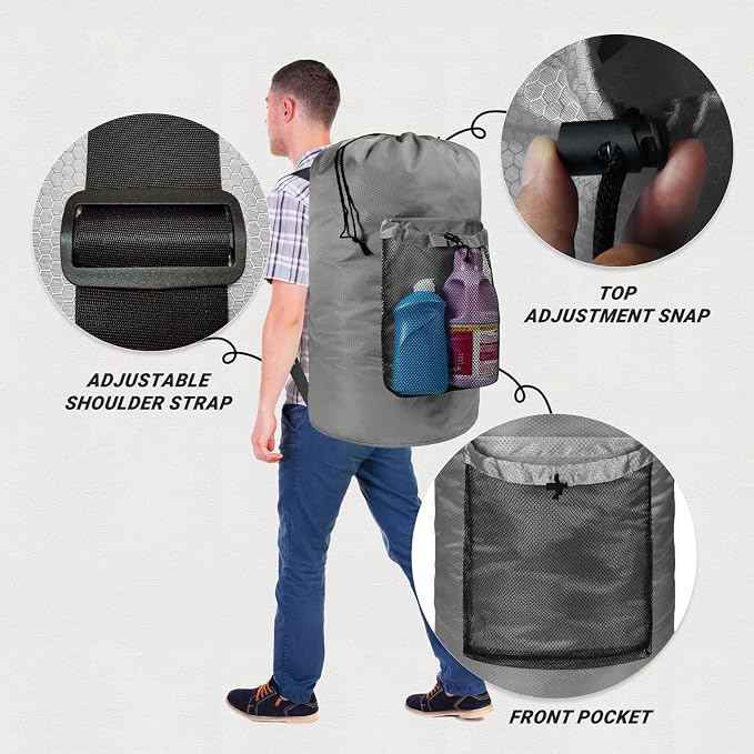 Laundry Bag with Shoulder Straps and Mesh Pocket Laundry Backpack Large Portable Laundry Hamper for College Laundromat Apartment (Gray)