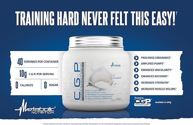 Metabolic Nutrition, CGP, Creatine Glycerol Phosphate, 100% Micronized Creatine Powder, Pre Intra Post Workout Supplement, Unflavored, 400 Grams