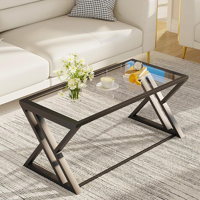 Wolawu Coffee Table Black Glass Coffee Table for Living Room,Modern Rectangular Center Table with Sturdy Metal Frame,Tempered Glass Table Tea Tables for Bedroom Home Office