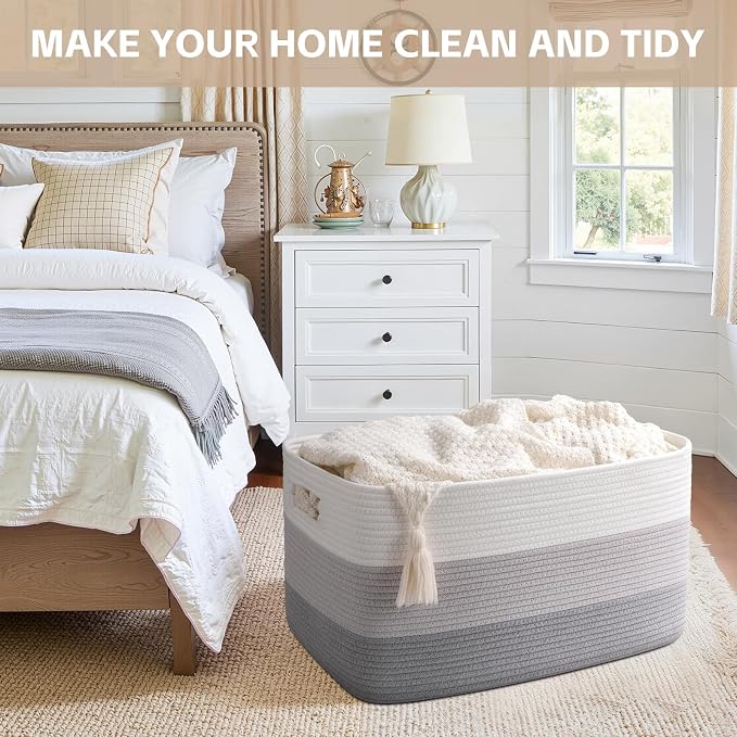 OIAHOMY Large Blanket Basket, 22”x17”x12” Rectangle Woven Baskets, Nursery Blanket Storage Living Room, Toy Storage With Handle, Large Baskets for Organizing-Gradient Grey