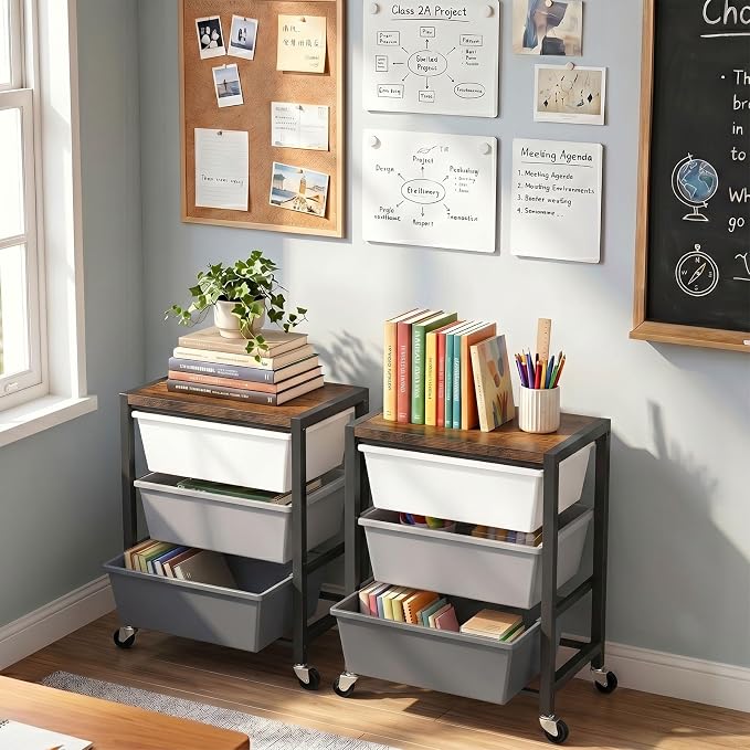 Rolling Cart with 3 Drawers, Plastic Drawer Storage Carts with Lockable Wheels & Wooden Tabletop, Metal Art Craft Utility Cart Organizer for Home Office Bedroom Dorm Bedside Classroom, Dark Gray