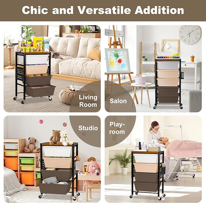 Rolling Cart with Drawers, Rolling Storage Cart with Large Plastic Drawers & Wooden Tabletop, Utility Cart with Pegboards & Basket, Storage Drawers Cart for Living Room, Classroom, Bedroom, Office