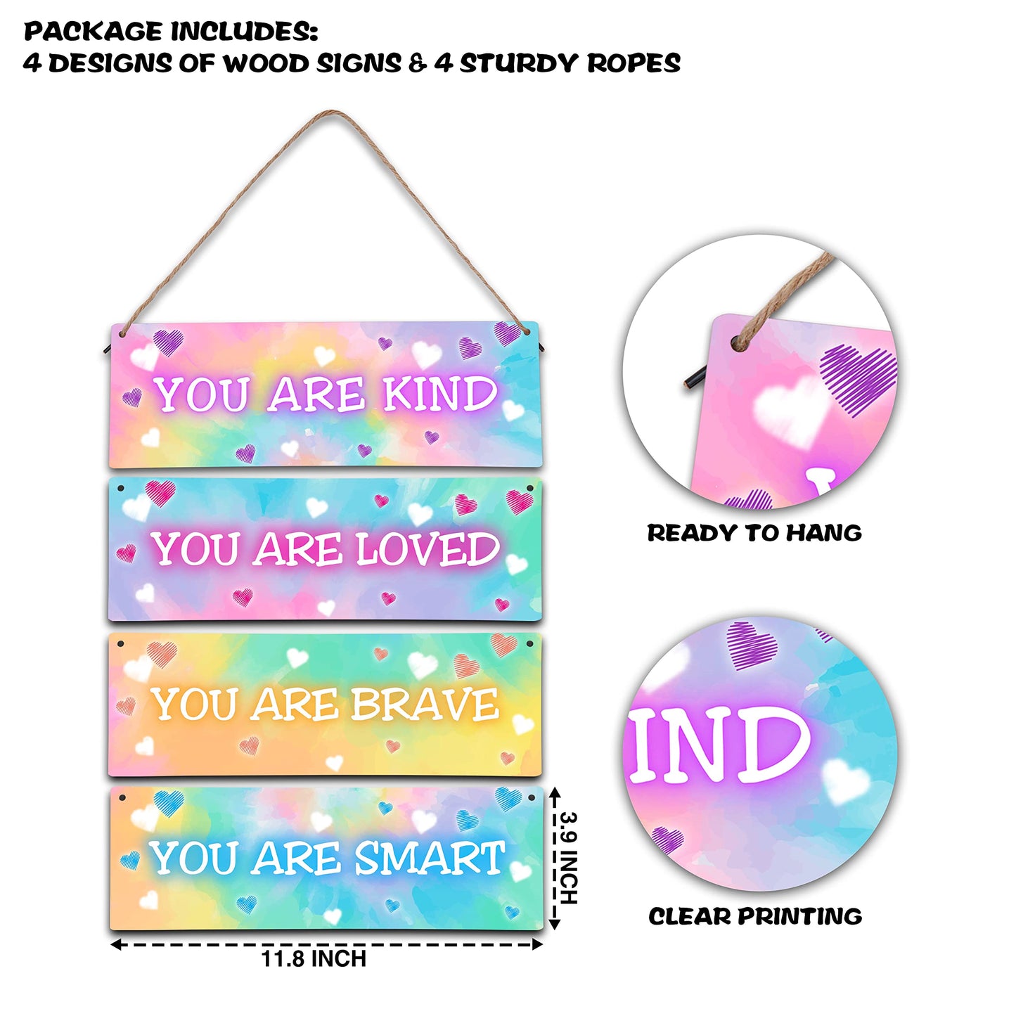 4 Pieces Tie Dye Decor Kids Room Wall Decor Wooden Sign - Motivational Wall Art For Kids Room Nursery Playroom Classroom - You Are Loved Brave Kind Smart(Sign-04)