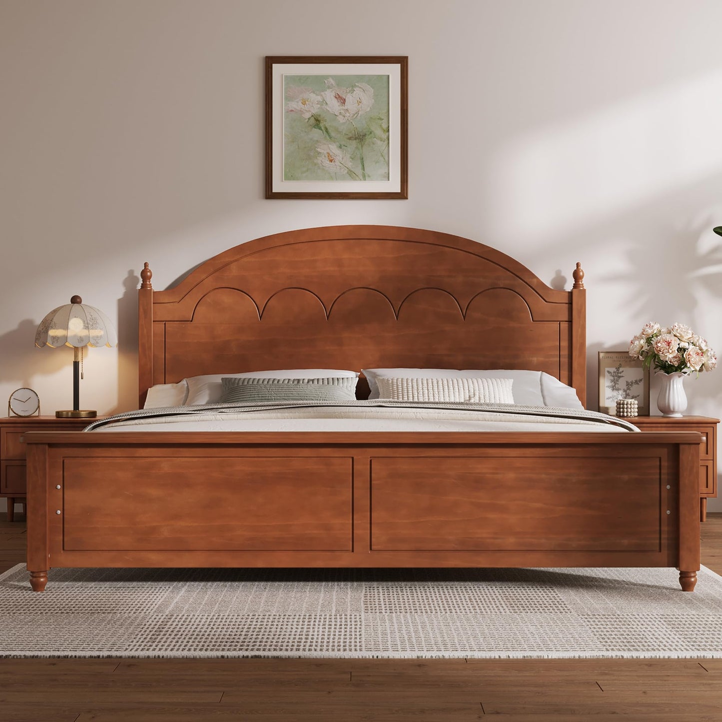 Merax Solid Wood Queen Platform Bed Frame with Arched Headboard, Durable Sturdy Construction, Classic Elegant Style, No Box Spring Needed, Easy Assembly, Oak