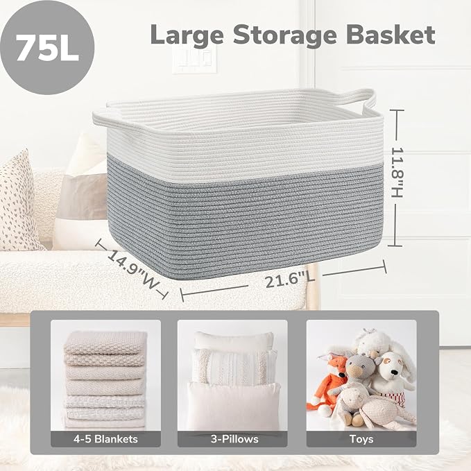 Goodpick Large Toy Storage Basket, Grey Cotton Rope Baskets Toy Storage Bin for Baby, Kids, Woven Storage Basket with Handle for Laundry, Living Room, Nursery, Bedroom, 21.6" x 14.9" x 11.8"