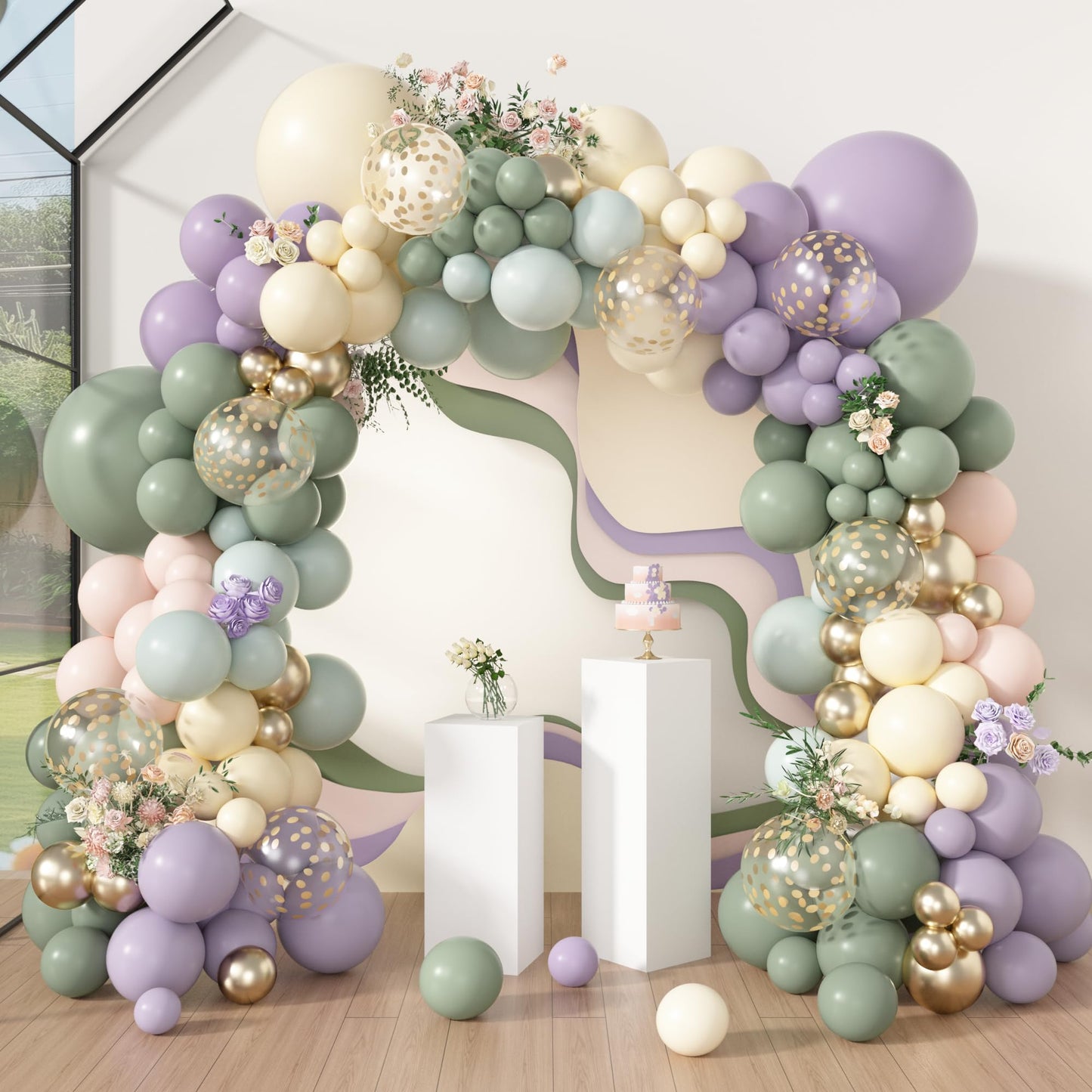 Amandir 173Pcs Dusty Green Purple Pink Balloon Arch Garland Kit, Lavender Pastel Blush Pink Yellow Mist Green Gold Confetti Balloons for Easter Shower Wedding Tea Wildflower Birthday Party Decorations
