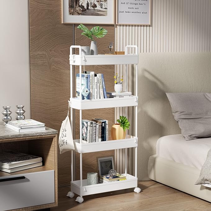 SOLEJAZZ Slim Rolling Storage Cart with Wheels 4 Tier Skinny Bathroom Storage Organizer Narrow Shelf Unit Thin Laundry Room Utility Cart for Bedside Kitchen Office Next to Fridge Small Places, White