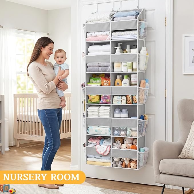 2 Pack Over The Door Organizer 5 Tiers, Extra Large Behind Door Storage of 10 Compartments, 80 lbs Weight Capacity Over Door Organizer, Door Hanging Organizer for Closet, Diaper Organizer, Light Gray