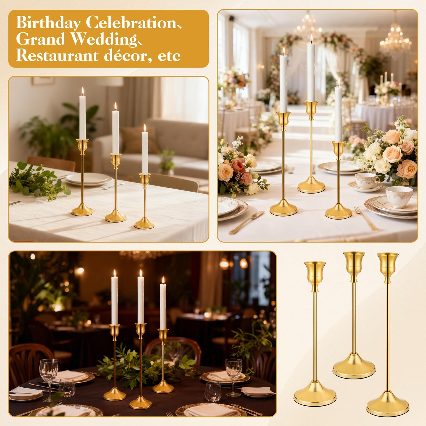 3PCS Candlestick Holders, Taper Candle Holder for Candlesticks, Metal Taper Candle Holders Glaceful Decor Set for Wedding Centerpieces, Christmas, Birthday Party, Holiday Dinning Table Décor