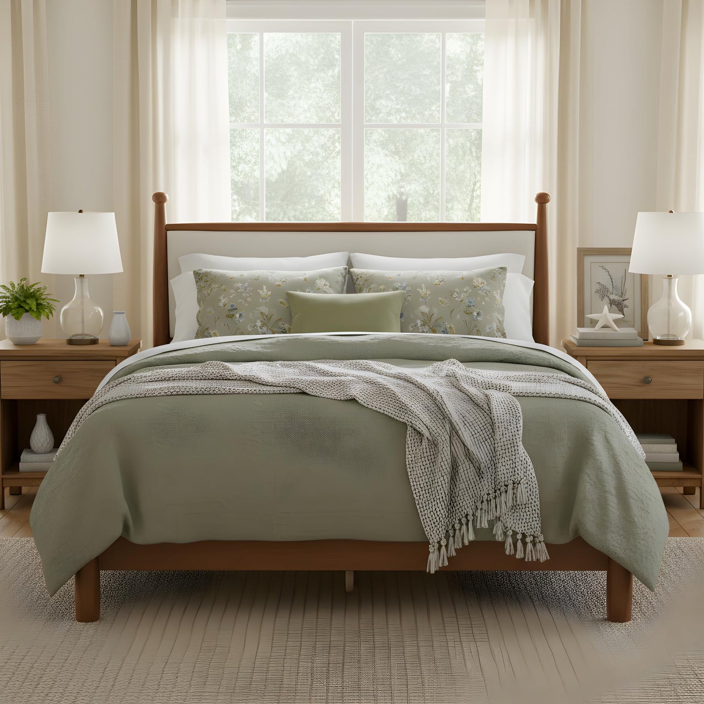 Merax Modern Queen Size Solid Wood Platform Bed with Upholstered Headboard, Mid-Century Low Bed Frame with Sturdy Wood Legs/No Box Spring Needed/Easy Assembly, Beige+Walnut