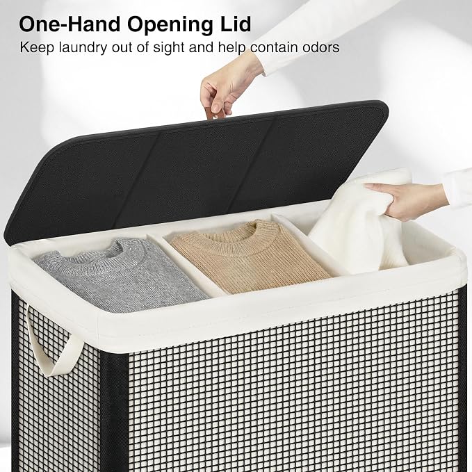 STO STO Laundry Hamper 3 Section with Lid, 180L Large 3 Compartment Laundry Sorter, Laundry Basket with Removable Washable Liner Bag, Breathable Clothes Hamper for Bedroom Bathroom Laundry Room Closet