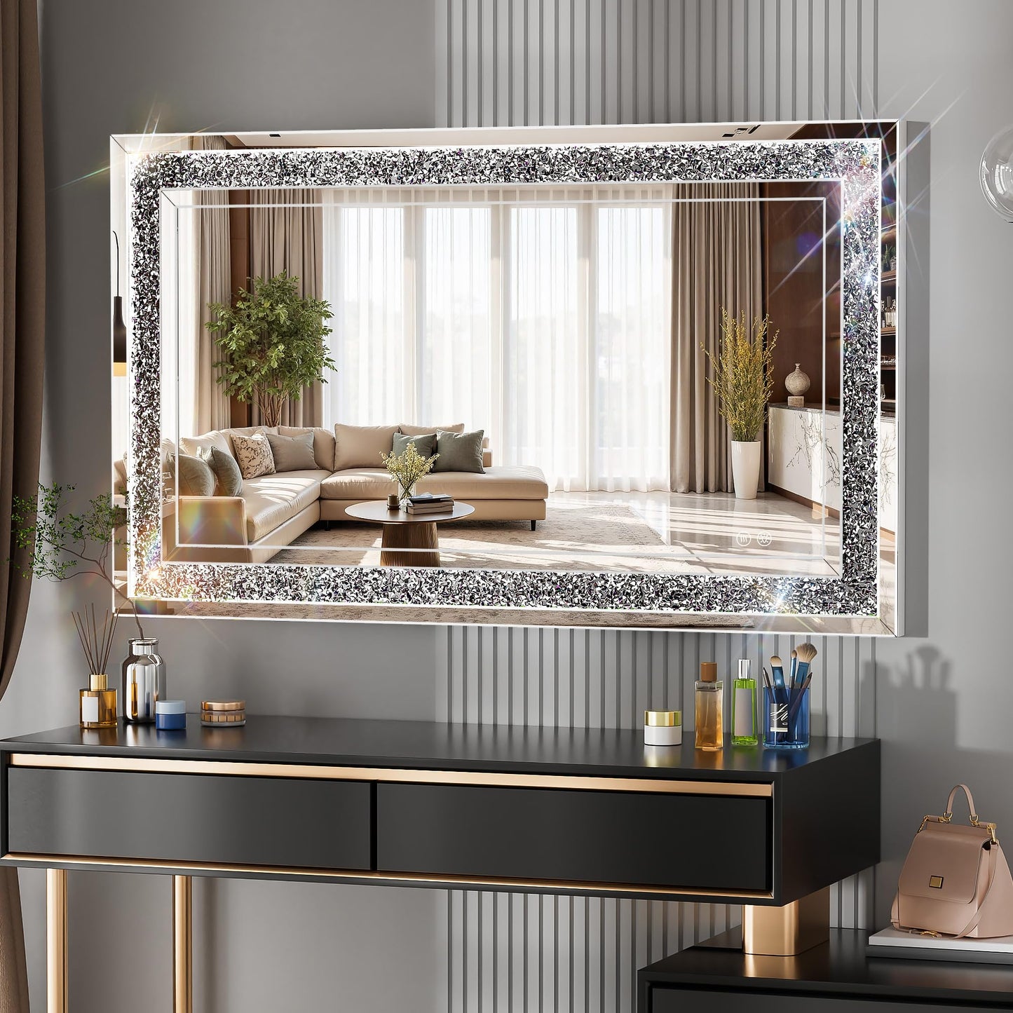 WINNICE 47" x 26" LED Diamond Wall Mirror with Dimming & Anti-Fog, Large Crystal Decorative Mirror for Bathroom, Bedroom, Living Room, Vertical or Horizontal Wall Mount