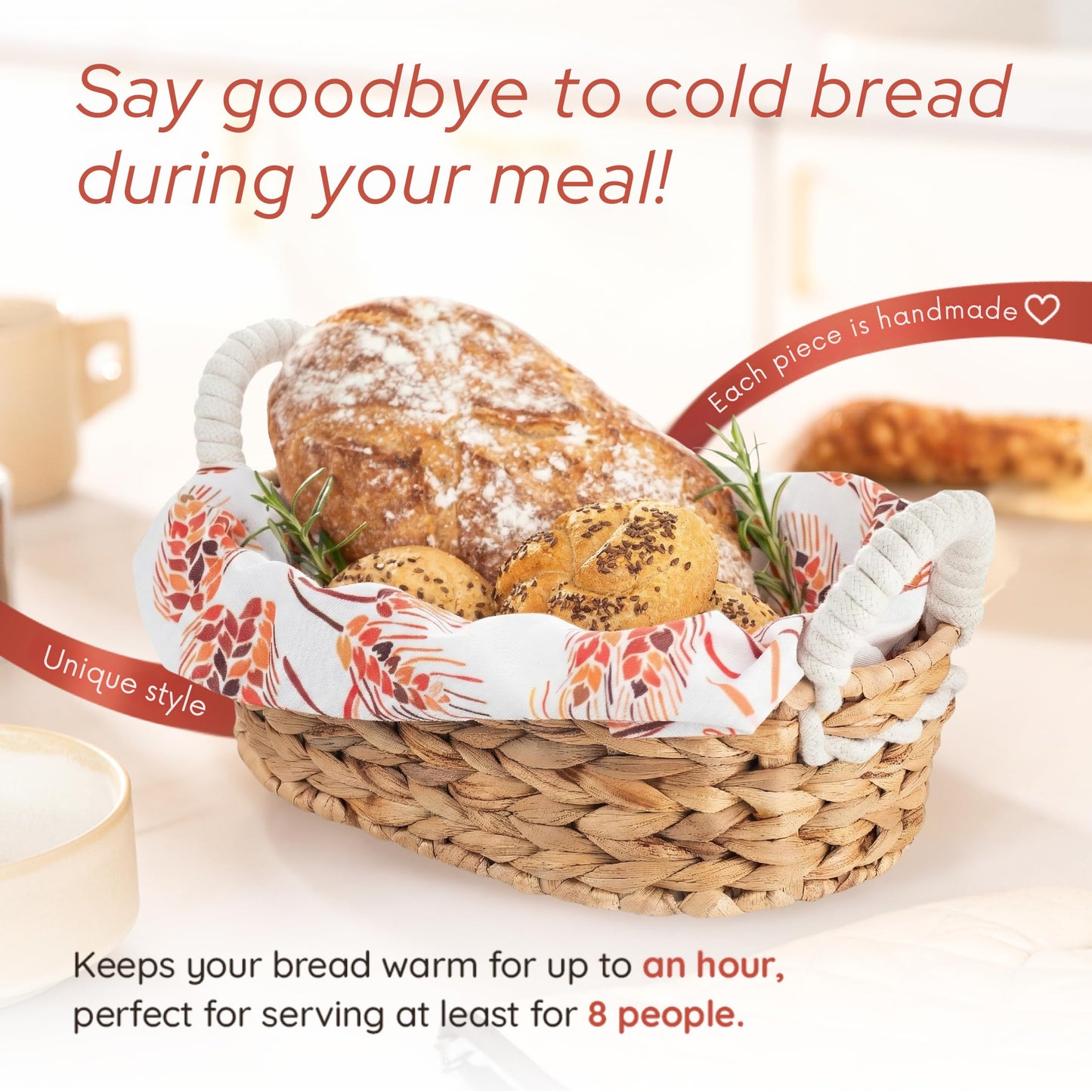Vivi's Bread Warmer Basket with Stone | and Cotton Towel | for Sourdough Bakers | Water Hyacinth Bread Baskets for Serving | Artisan Terracotta Bun Warmer | Easter Hostess Gift