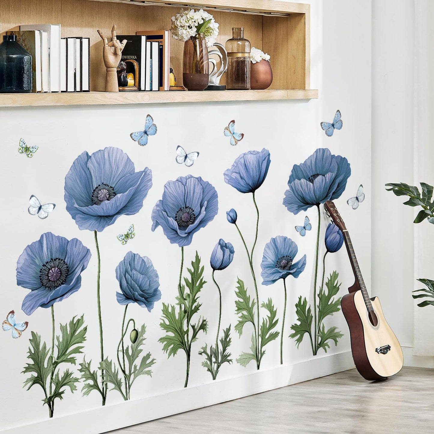 AM AMAONM Removable 3D Creative Flowers and Butterflies Wall Decal, Flower Vines Wall Stickers, DIY Floral Leaf Wall Decor for Home Nursery Bedroom Wall Corner Decoration (Blue)