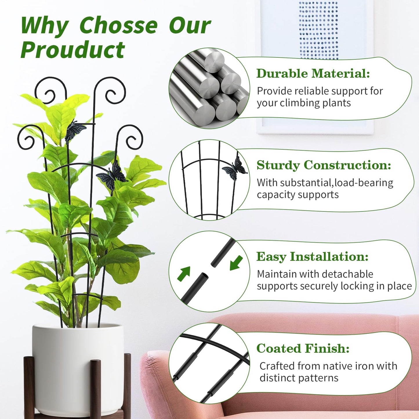 4 Pack 30 InchTaller Plant Trellis for Potted Climbing Plants Indoor,Expandable Metal Garden Trellis for Climbing Plants, Flowers Vine Ivy, Sturdy Houseplant Support for Potted Plants with Ties