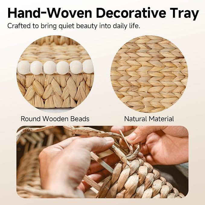 StorageWorks Rectangle Decorative Trays for Home Decor Farmhouse, Wicker Coffee Table Tray Decor with Wooden Beads and Handles, Large Woven Dining Room Decor Tray for Kitchen Counter, Living Room