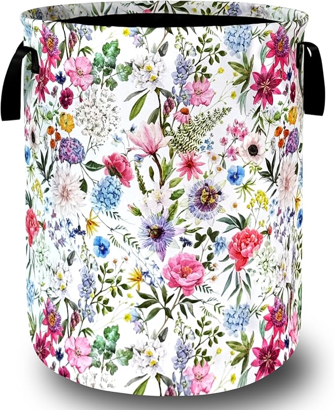 Watercolor Flower Floral Laundry Basket Foldable With Handles Tote Bag Oxford Cloth Colorful Laundry Hamper Clothes Storage Bucket Toy Organizer 18.9" x 16.5" For Bathroom/Laundry/Bedroom