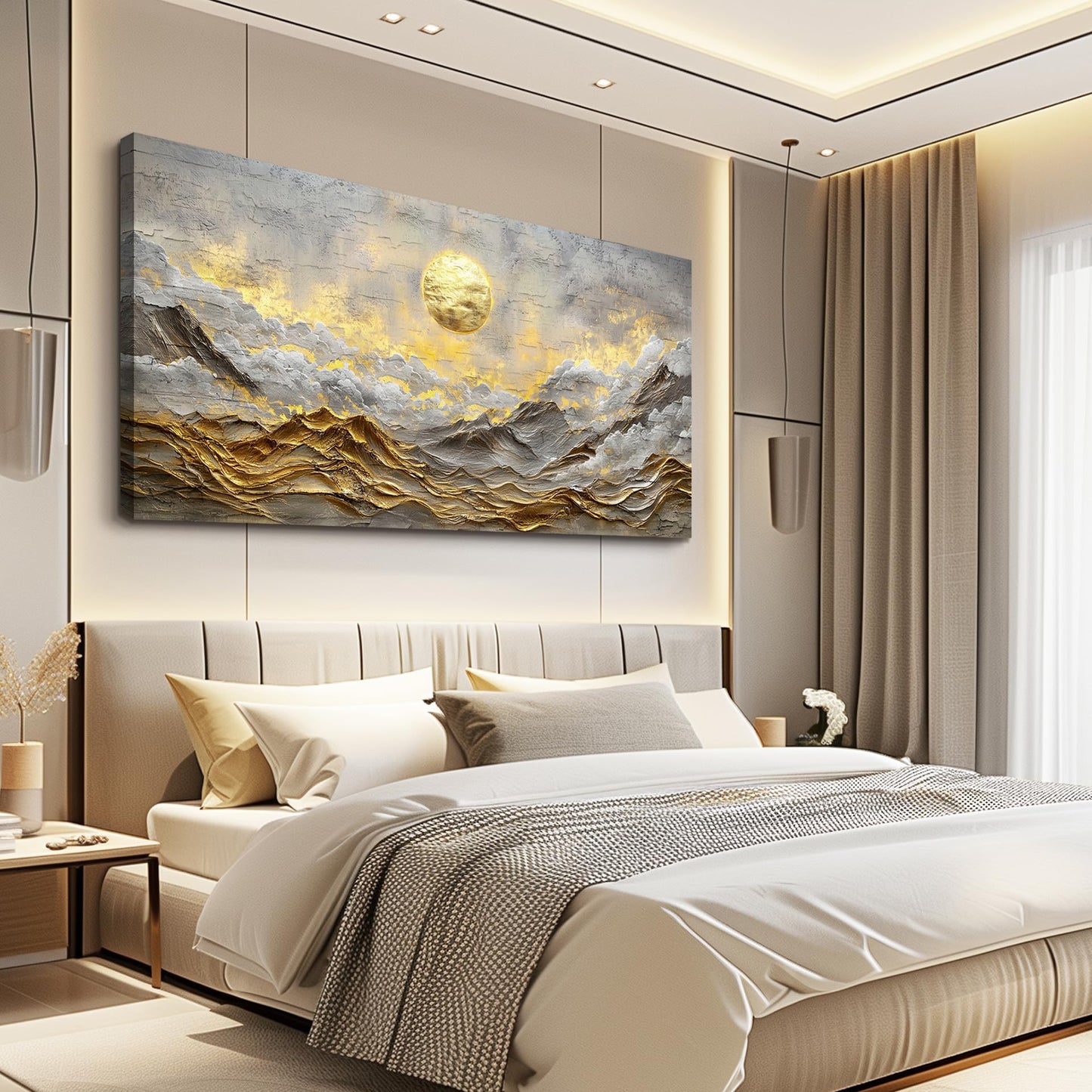 ZUITINGHUA Canvas Wall Art For Living Room Wall Decor For Bedroom Office Wall Decoration Golden Moon Landscape Painting Mountain Pictures Artwork Room Aesthetic Home Decor 20x40 In