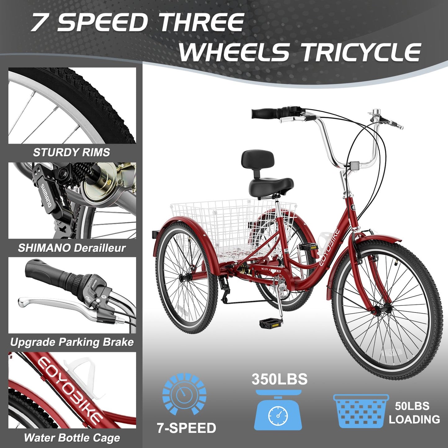 EOYOBIKE Adult Tricycle 3-Wheel Cruiser Bike, Low Step-Through, Heavy-Duty Comfort Trike with Adjustable Handlebar & Spring Saddle, Large Rear Basket, for Seniors & Adults (Merlot Velvet, 26" Tire)