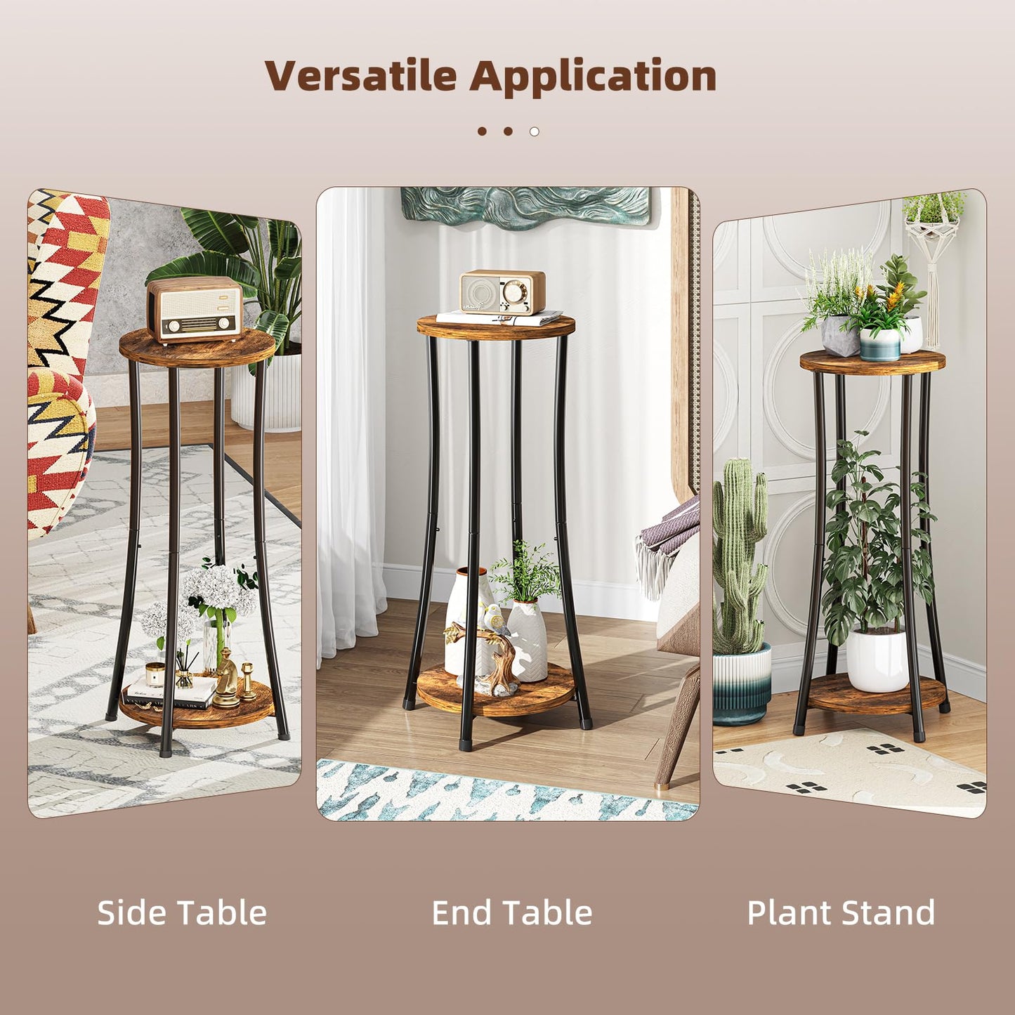 Ekisemio 2-Pack Plant Stand Indoor Outdoor, 2-Tier Round Flower Pot Holder with Rustic Brown Finish, Corner Plant Shelf for Balcony, Garden, Patio or Living Room