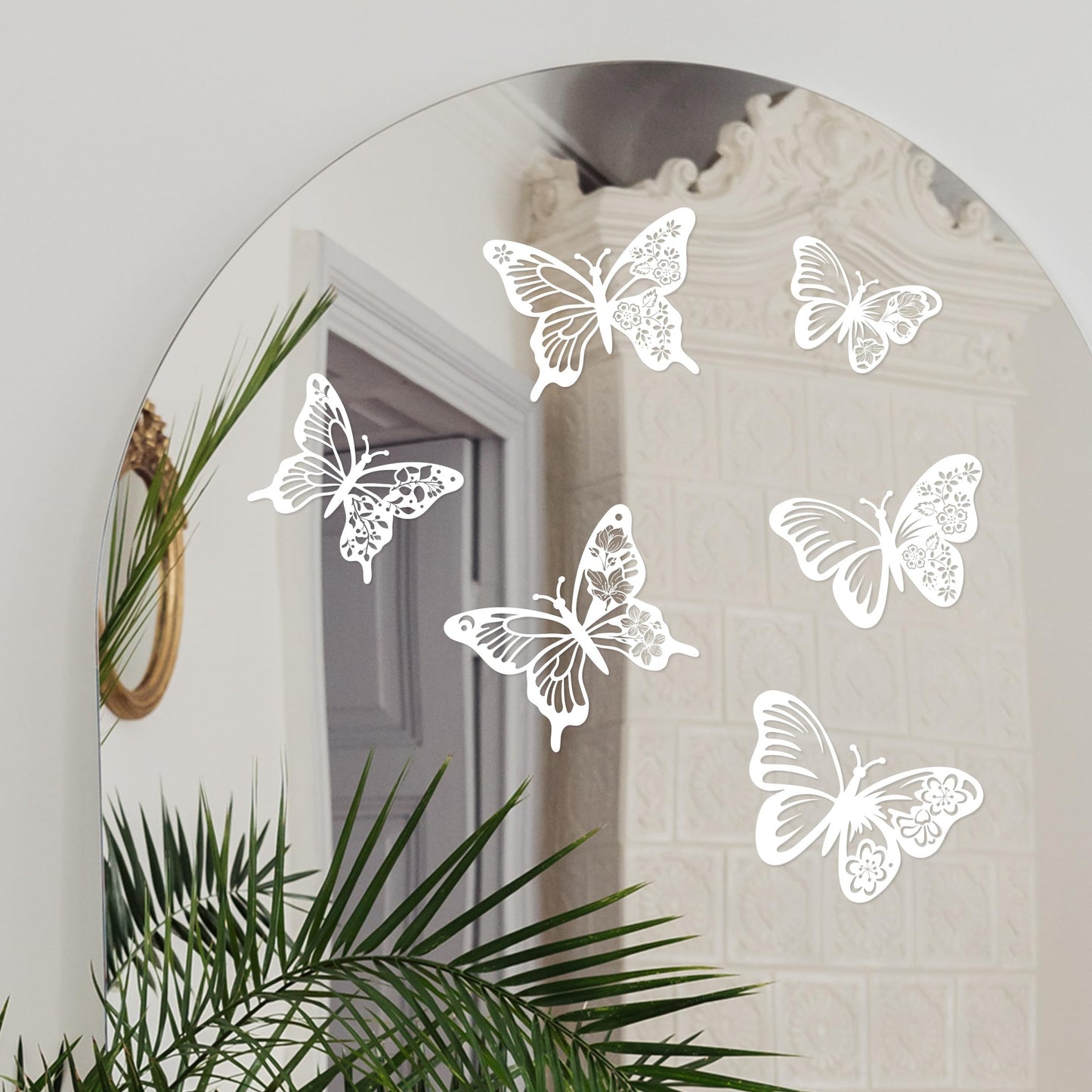White Floral Butterfly Mirror Decals - Vinyl Stickers for Mirrors, Walls, Doors, Windows - Easy to Apply and Remove - Nursery Living Room Nursery Laundry Kitchen